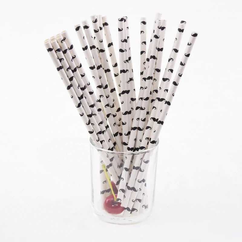 25pcs Black Paper Drinking Straws Star Striped Mustache zebra Paper Straw for Baby Shower Wedding Birthday Halloween Party Decor