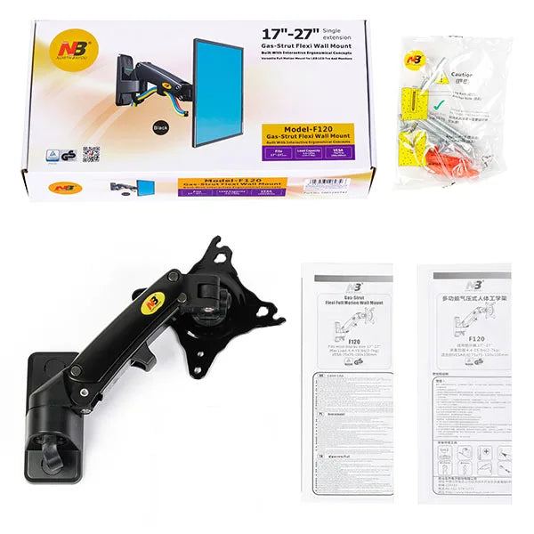 NB F120 17-27" Gas Spring Full Motion TV Wall Mount LCD Monitor Holder Aluminum Arm Bracket Silver Black