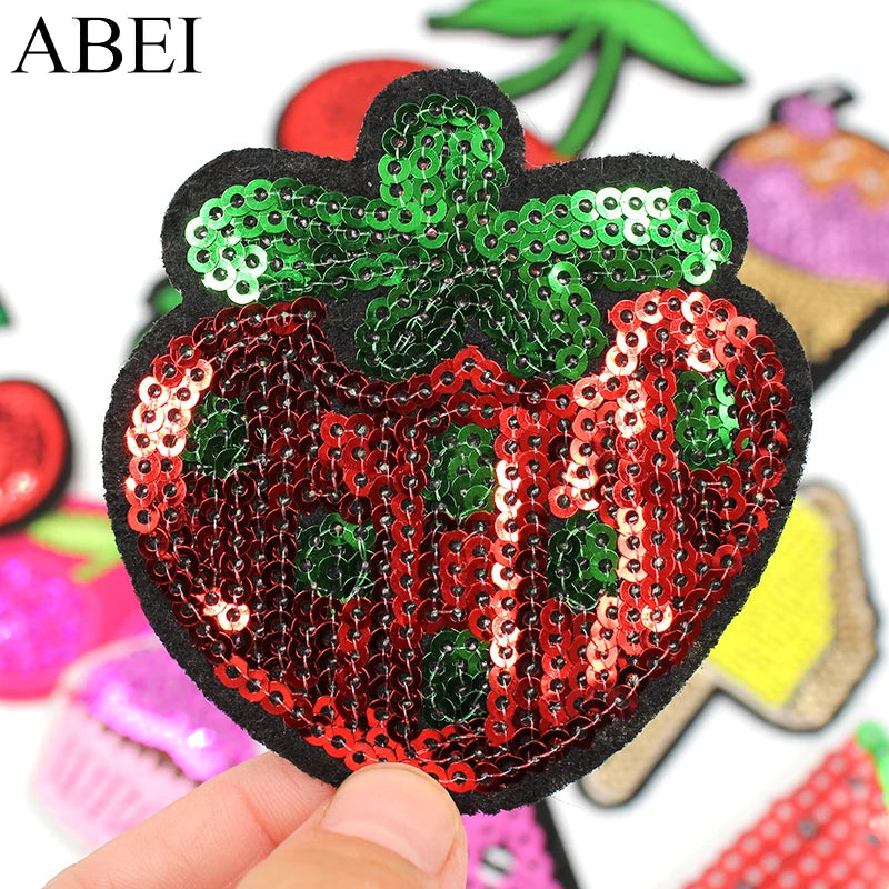 12pcs/lot Mix Sequined Fruits Patches Iron On Ice Cream Stickers for bags DIY Jeans Sweaters Applique Handmade Sewing Patchwork