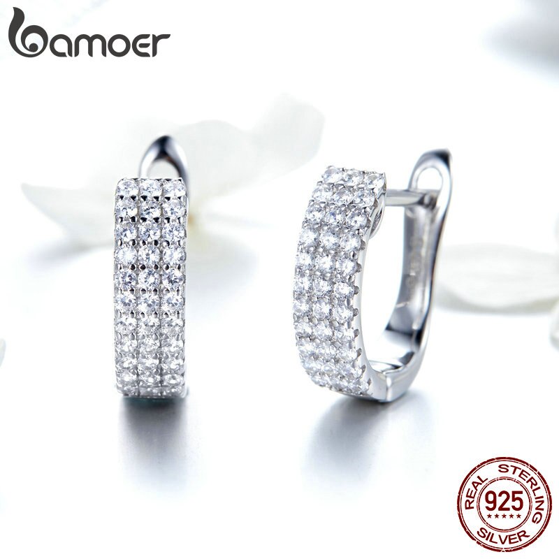 BAMOER Classic New 925 Sterling Silver Shining Clear  CZ Cubic Zircon Stud Earrings for Women Wedding Jewelry SCE560