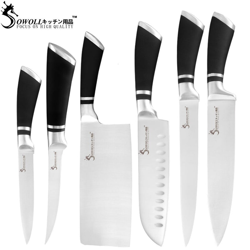 Sowoll 9pcs Stainless Steel Knives Set Non-slip Handle Chef Chopping Boning Cleaver Kitchen Knives Cooking Household Tools