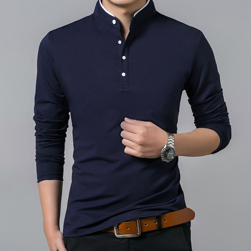 Liseaven T-Shirt Men Cotton T Shirt Full Sleeve tshirt Men Solid Color T-shirts tops&amp;tees Mandarin Collar Long Shirt