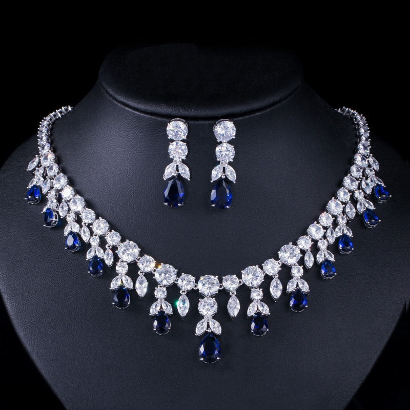 CWWZircons Luxury Dark Blue Women Wedding Party Dress Jewellery Big Dangle Drop Bridal CZ Necklace Earrings Jewelry Sets T341