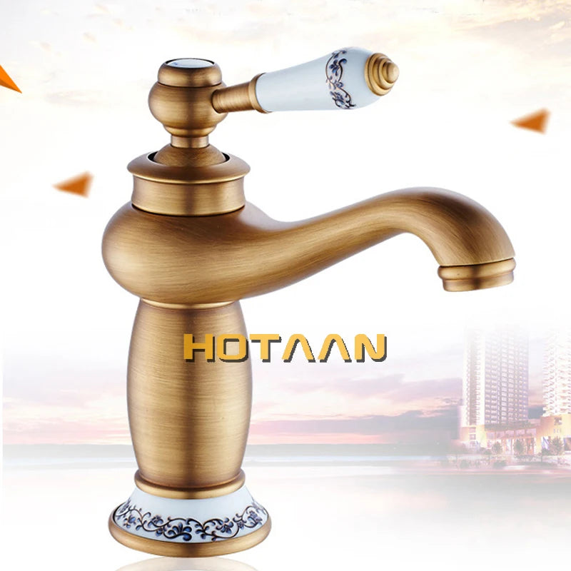 . Bathroom Faucet Antique Bronze Finish Brass Basin Sink Faucet Single Handle Mixer Hot and Cold Lavatory Water Taps