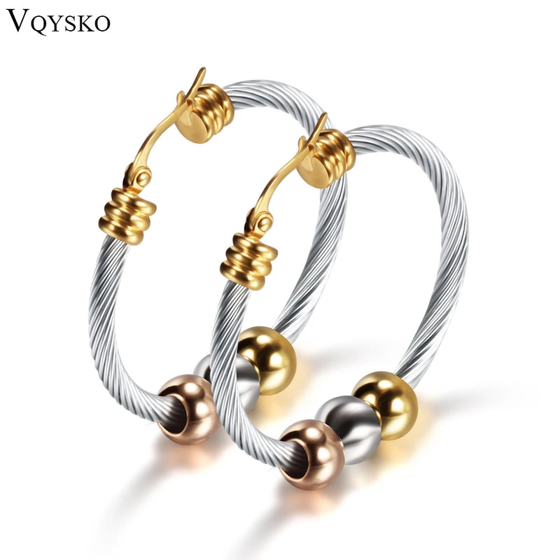 Fashion Korean Gold Color Big Hoop Earrings With Three Beads Round Circle Stainless Steel Earrings For Women Trendy Hiphop Rock