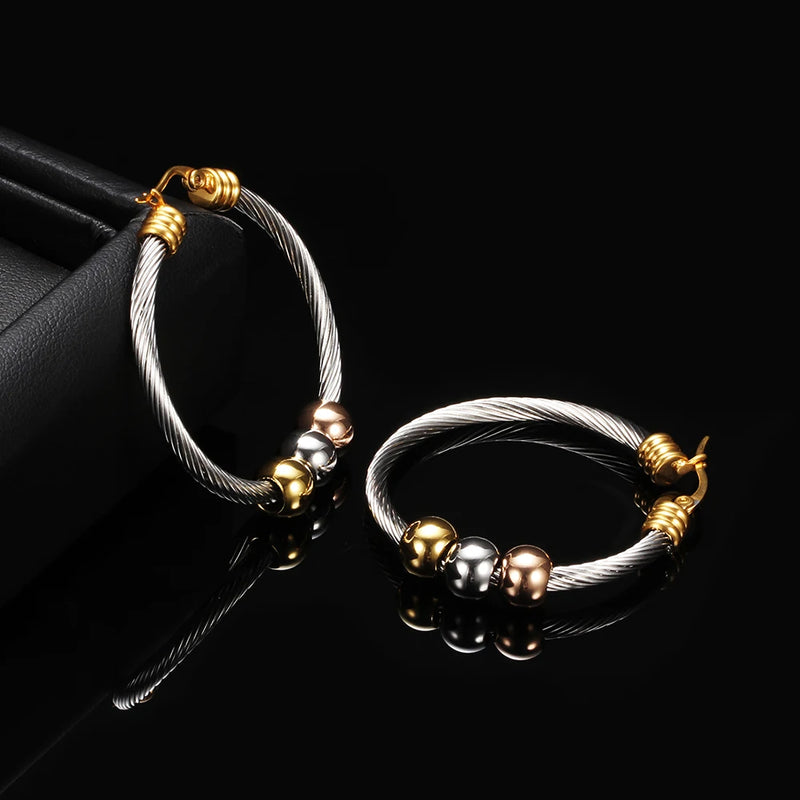 Fashion Korean Gold Color Big Hoop Earrings With Three Beads Round Circle Stainless Steel Earrings For Women Trendy Hiphop Rock