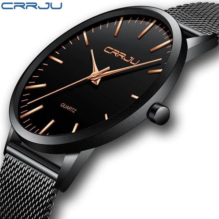 New Fashion Mens Watches Top Brand Luxury CRRJU Men Quartz Watch Mesh Band Stainless Steel Ultra Thin Clock Relogio Masculino