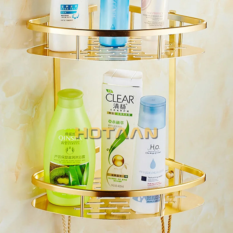 . Wall Mounted Gold Color aluminum Bathroom Shower shampoo Shelf  Basket Holder Fashion Double Layer YT-7026