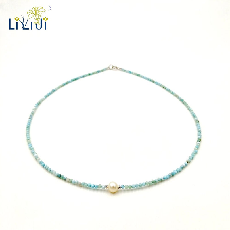 LiiJi Unique  Blue Larimar 2mm/3-4mm Freshwater Pearl 925 Sterling Silver Choker Necklace