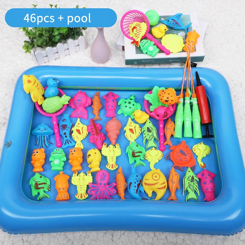 46pcs/Set Children's Magnetic Fishing Toy With Inflatable Pool Parent-Child Interactive Game Baby Bath Toys Summer Outdoor Toy