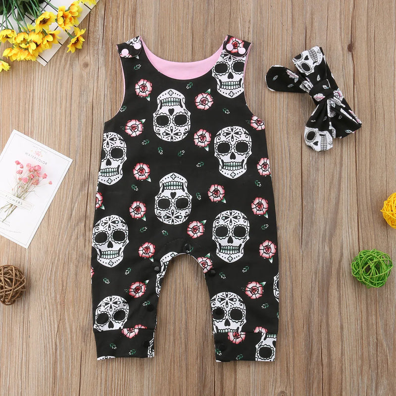 Citgeett Halloween Newborn Skull Floral Baby Boys Girls Romper Sleeveless Jumpsuit Headband Outfits Summer Holiday Clothes
