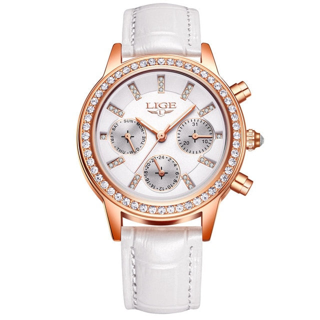 LIGE Top Luxury Brand Women Watches Leisure fashion Leather Quartz Ladies Diamond Dress watch Female gift Relogio Feminino+Box