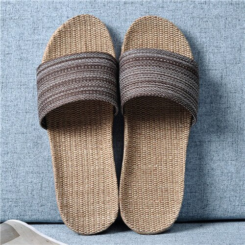 Suihyung Summer Women Linen Slippers New Color Stripe Belt Indoor Shoes Home Open Toe Slip On Lovers Casual Flax Slides Sandals