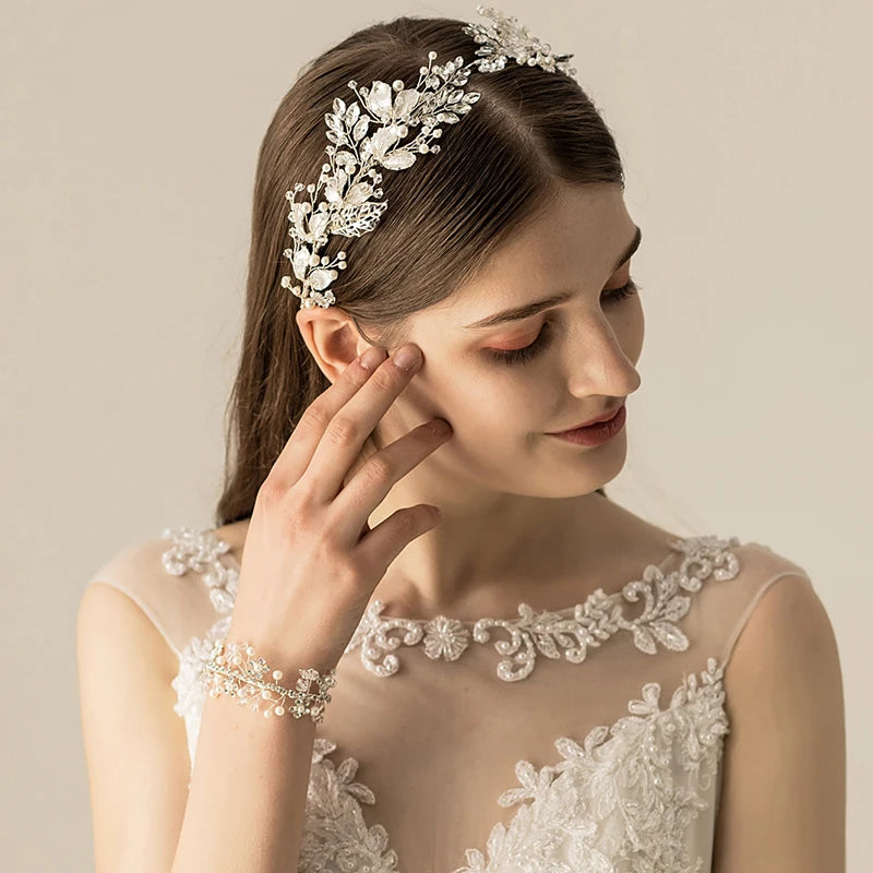Jonnafe Silver Color Leaf Bridal Tiara Headband Women Prom Hair Crown Pearls Jewelry Crystal Wedding Headpiece Hair Acccessories