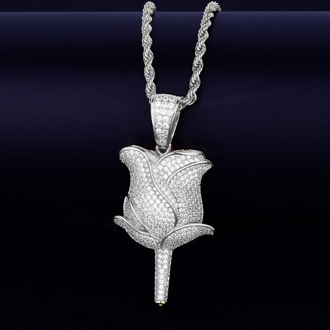 Rose Flower Necklace & Pendant Color Iced Cubic Zircon Men's Hip Hop Jewelry