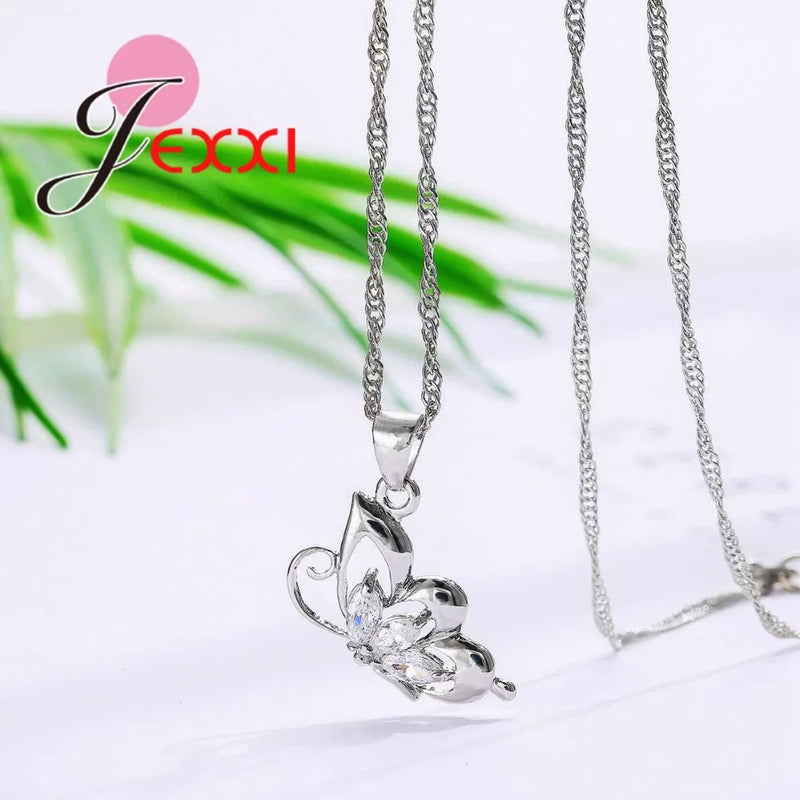 925 Sterling Silver Jewelry Sets for Women Wedding Necklace Pendant Hoop Earrings Elegant Cubic Zirconia Butterfly