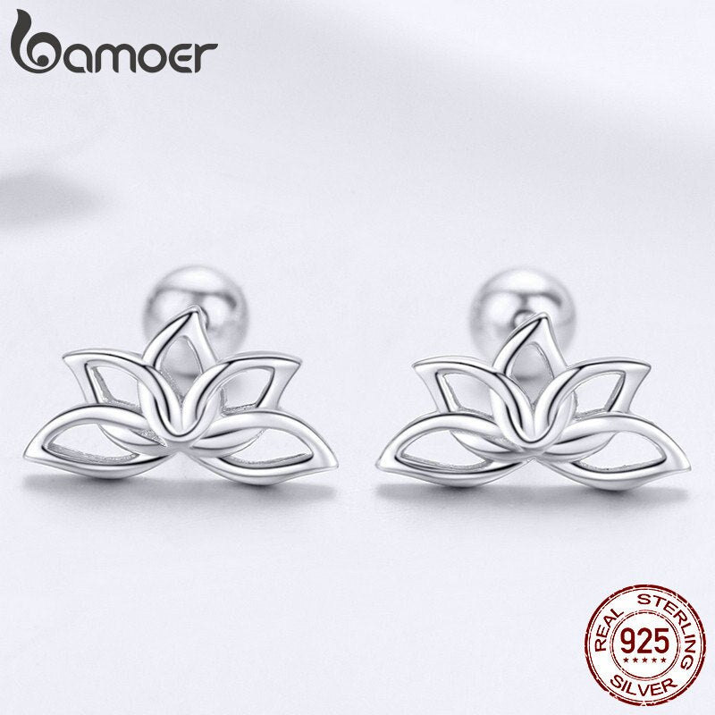 BAMOER 925 Sterling Silver Lotus Stud Earrings for Women Elegant Flower Earrings Silver Jewelry BSE024