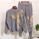 2020 Autumn Winter Knitted Women Tracksuit Sequins Beading Phoenix Long Sleeve Loose Sweater + Casual Pants Two Piece Set D1281