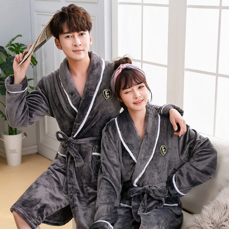 Winter Thick Warm Female Coral Fleece Kimono Robe Lovers Couple Nightgown Bath Gown Sleepwear Men Large Nightwear M L XL XXL 3XL