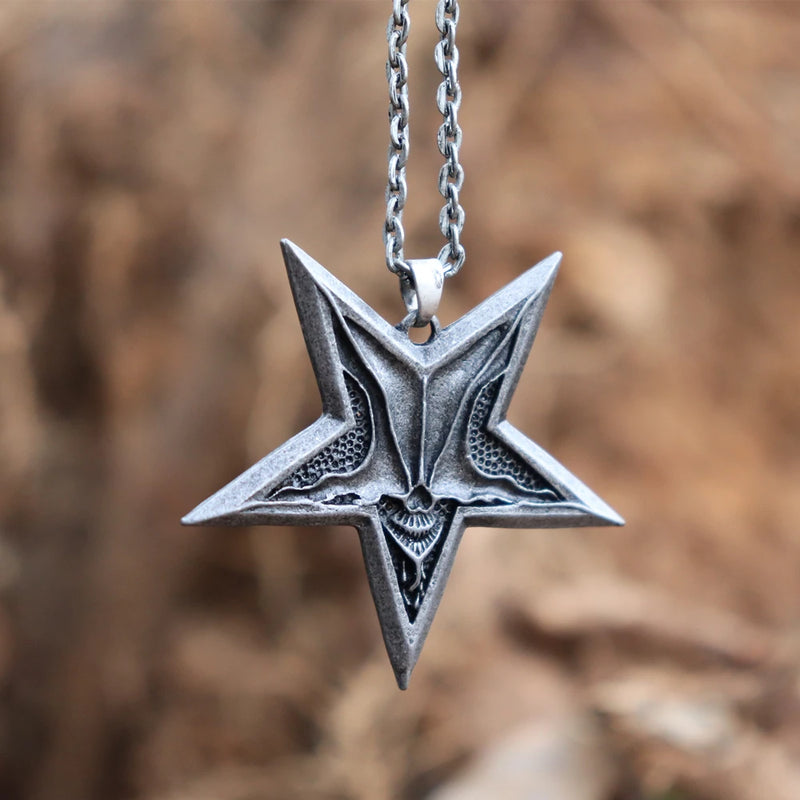 EYHIMD Mens Satanic Satan Inverted Pentagram Necklaces Baphomet Jewelry Demon Chaos Star Skull Pendant Ancient Silver Color