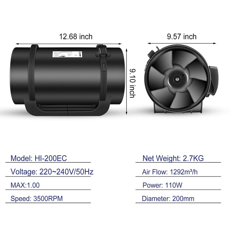 Hon&amp;Guan 8 Inch Inline Duct Fan 0-10V PWM Variable Speed Controller Air Extractor for Bathroom Exhaust Ventilator EC Motor