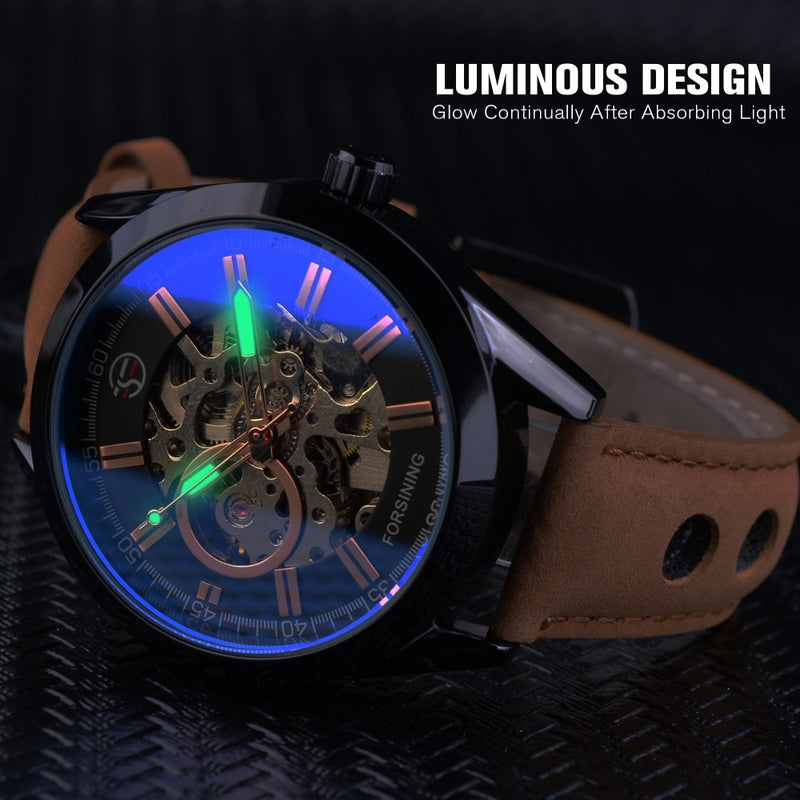 Forsining Blue Light Glass Mens Casual Sport Watch Leather Military Automatic Men Mechanical Wrist Watch Skeleton Luminous Clock