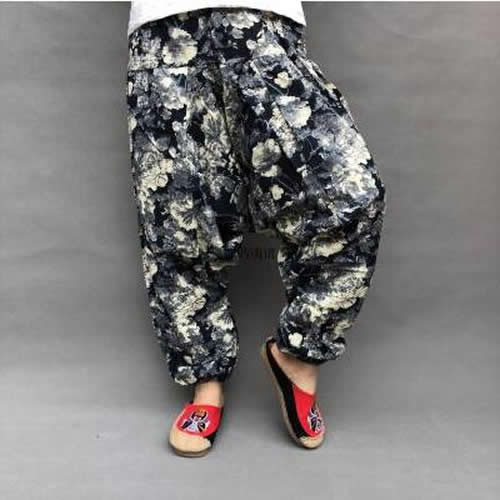 Baggy Harem Pants Women Causal Print Hippie Joggers Cross-Pants Loose Trousers Aladdin Lantern Wide Leg Cotton Linen Pants Plus