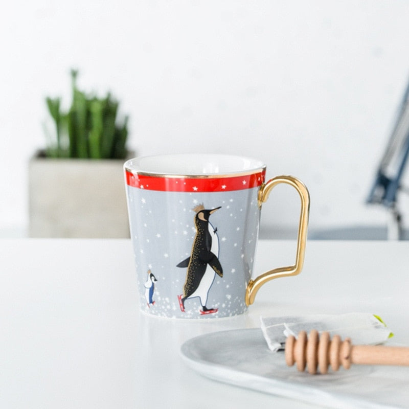 Gold  Animal Flamingo Cat Penguin Ceramic Coffee Mug Bone China Breakfast Milk Water Cup Couple Creative Birthday Gifts