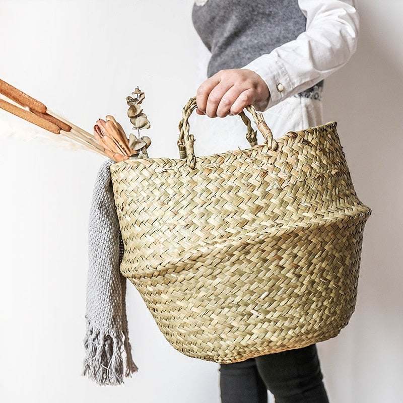 Handmade Bamboo Storage Basket Folding Clthoes Laundry Basket Straw Wicker Rattan Seagrass Belly Garden Flower Pot Plant Basket