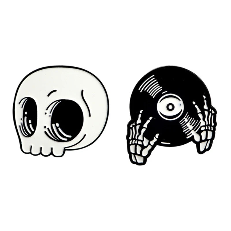 Punk Music Lovers Pin Skeleton DJing Vinyl Record Player Enamel Pin Badge Tape Lapel Pins Brooches Shirt Bag Cool Gothic Jewelry