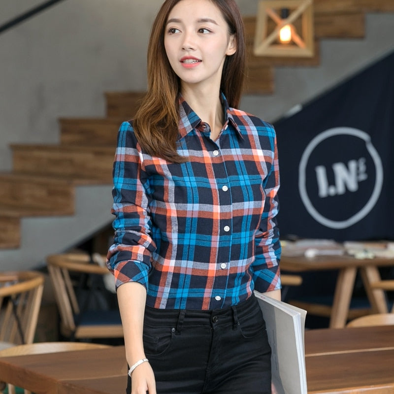 2022 Spring New Fashion Casual Lapel Plus Size Blouses Women Plaid Shirt Checks Flannel Shirts Female Long Sleeve Tops Blouse