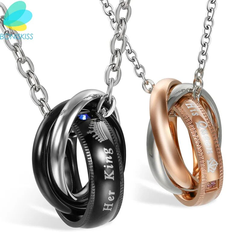 Boniskiss "Her King"&"His Queen"Lovers Necklace Pendant Fashion Romantic Stainless Steel Couples For Wedding Women/Men Jewelry