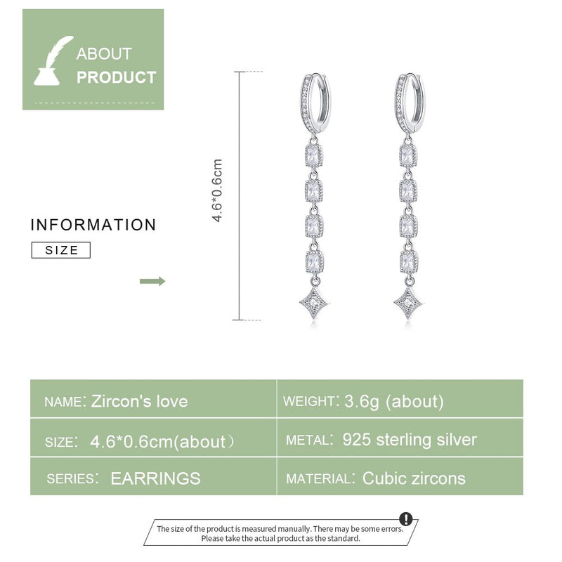 WOSTU 100% 925 Sterling Silver Geometric Long Earrings Dazzling Zircon Dangle Earrings For Women Korean Style Jewelry CQE583
