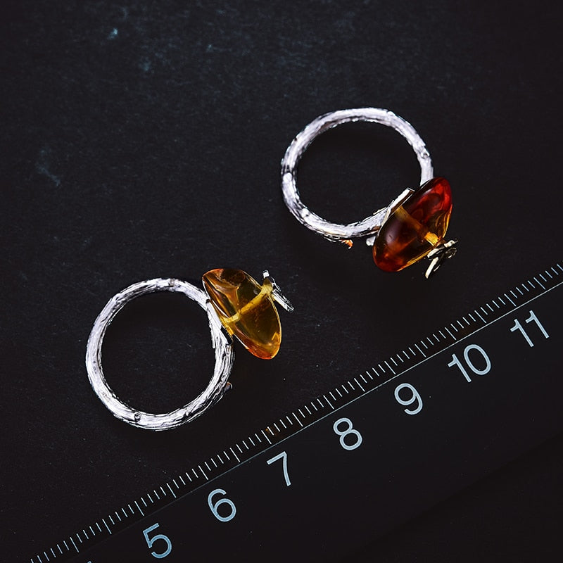 Lotus Fun Real 925 Sterling Silver Natural Amber Handmade Designer Fine Jewelry Looking Back Butterfly Rings for Women Bijoux