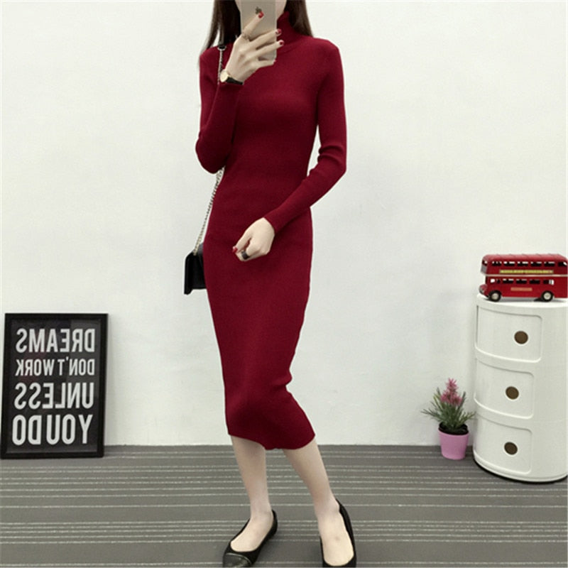 New Autumn Winter Women Knitted Dress Turtleneck Sweater Dresses Lady Slim Bodycon Long Sleeve Bottoming Dress Vestidos PP003