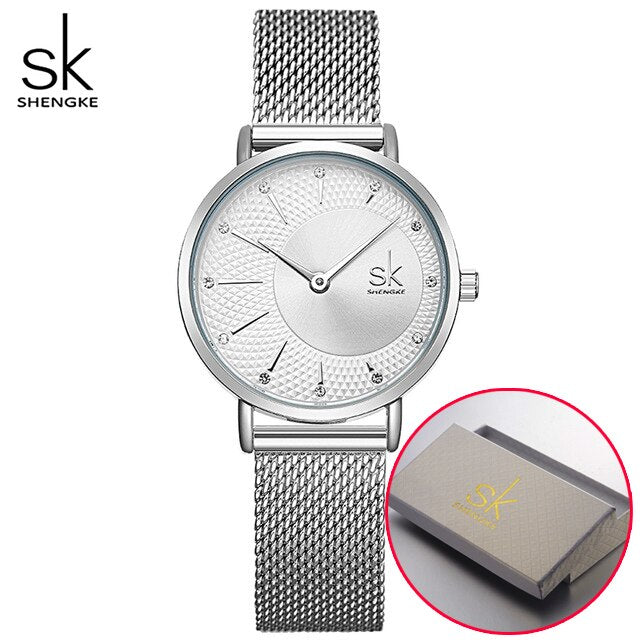 Shengke Women Silver Quartz Watch for Female Top Luxury Brand Quartz Watch Women's Mesh Band Fashion Reloj Mujer 2022 New Clock