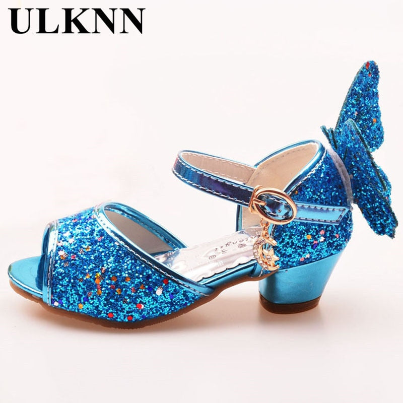 ULKNN Girls Sandals Rhinestone Butterfly pink Latin dance shoes 5-13 years old 6 children 7 summer high Heel Princess shoes kids