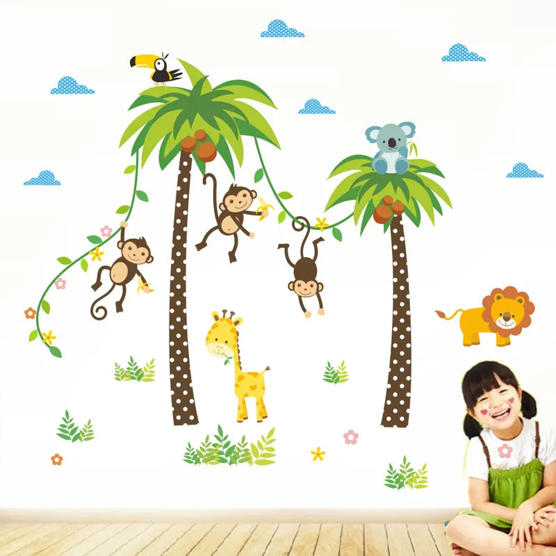 Giraffe Lion Monkey Palm Tree Forest Animals Wall Stickers For Kids Room Children Bedroom Wall Decals Nursery Decor Poster Mural