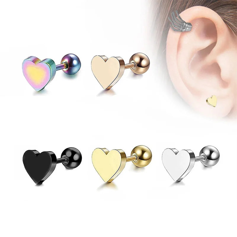 2Pcs Women stainless steel Heart Shape Love Screw Stud Earrings Piercing Jewelry Tragus Earrings Cartilage Helix Ear Bone Nail
