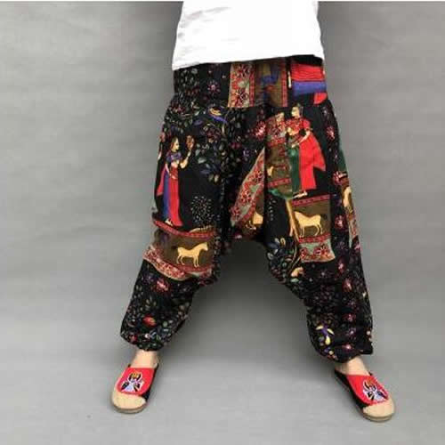 Baggy Harem Pants Women Causal Print Hippie Joggers Cross-Pants Loose Trousers Aladdin Lantern Wide Leg Cotton Linen Pants Plus