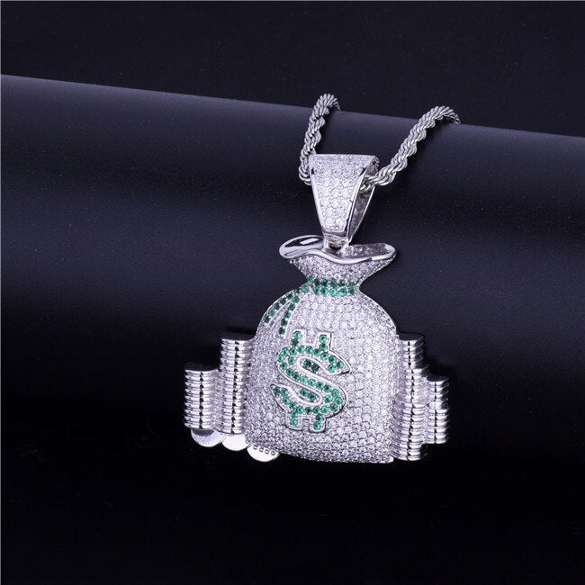 Money Bag Pendant Necklace Gold Color Cubic Zircon Men&