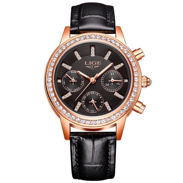 LIGE Top Luxury Brand Women Watches Leisure fashion Leather Quartz Ladies Diamond Dress watch Female gift Relogio Feminino+Box