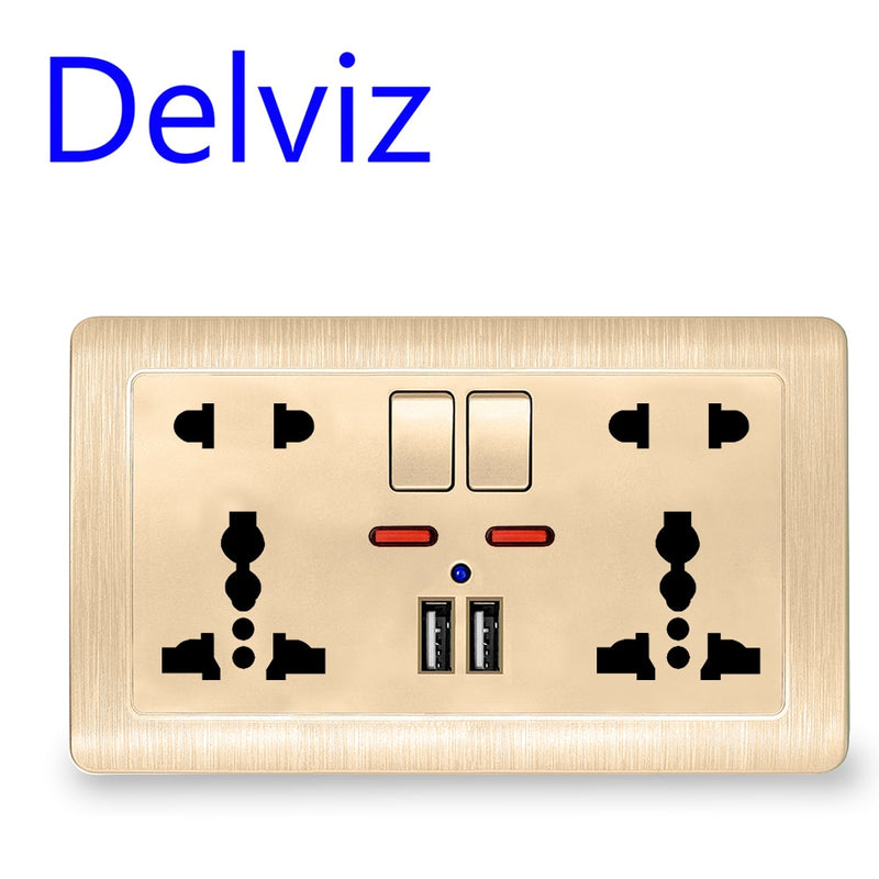 Delviz Wall Power Socket Universal 5 Hole, 2.1A Dual USB Charger Port,146mm*86mm, LED indicator, UK Standard USB Switched Outlet