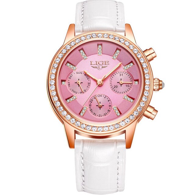 LIGE Top Luxury Brand Women Watches Leisure fashion Leather Quartz Ladies Diamond Dress watch Female gift Relogio Feminino+Box