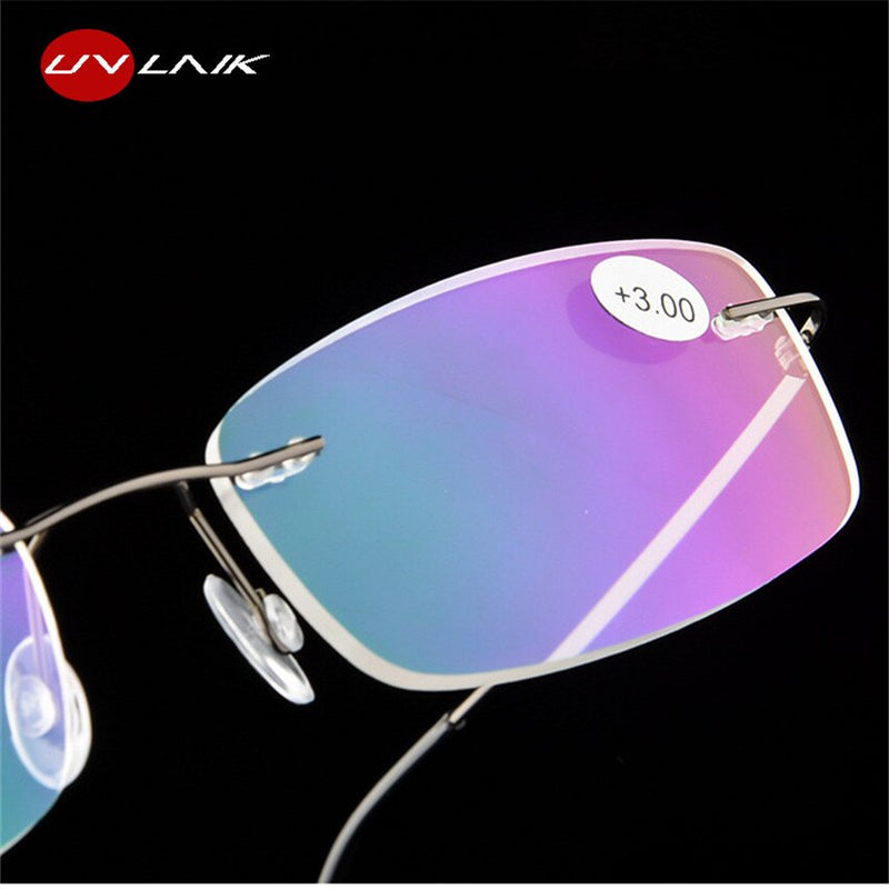 UVLAIK Stainless Steel Reading glasses Rimless Men Women Reading Glasses Definition Anti Fatigue Ultralight Frameless Eyewear