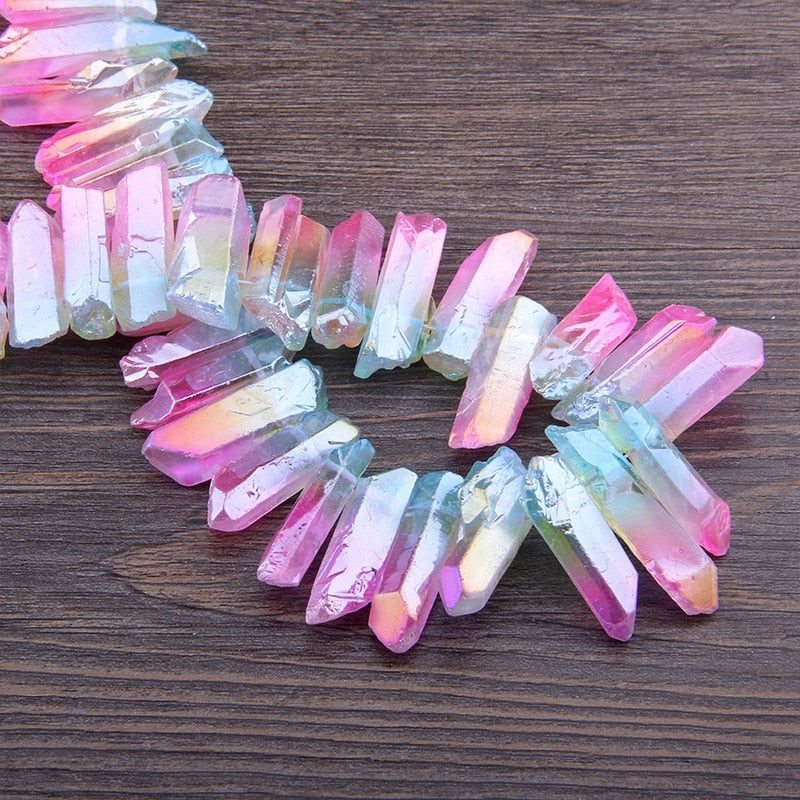 Titanium Natural Top Drilled Raw Crystal Quartz Points Beads Charm 15.5&quot; Strand Rainbow Crystal Stick Pendant DIY Jewelry Making