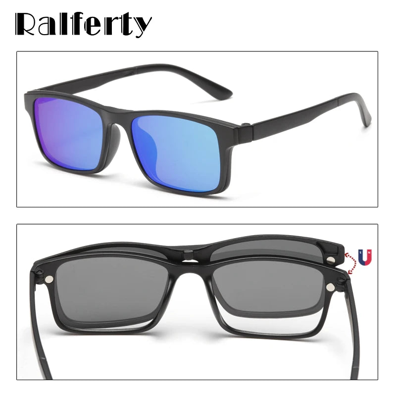 Ralferty Magnet Sunglasses Men Polarized Clip On Glasses Women Square Eyeglass TR90 UV400 3D Optic Frames 7 In 1 Oculos A2247