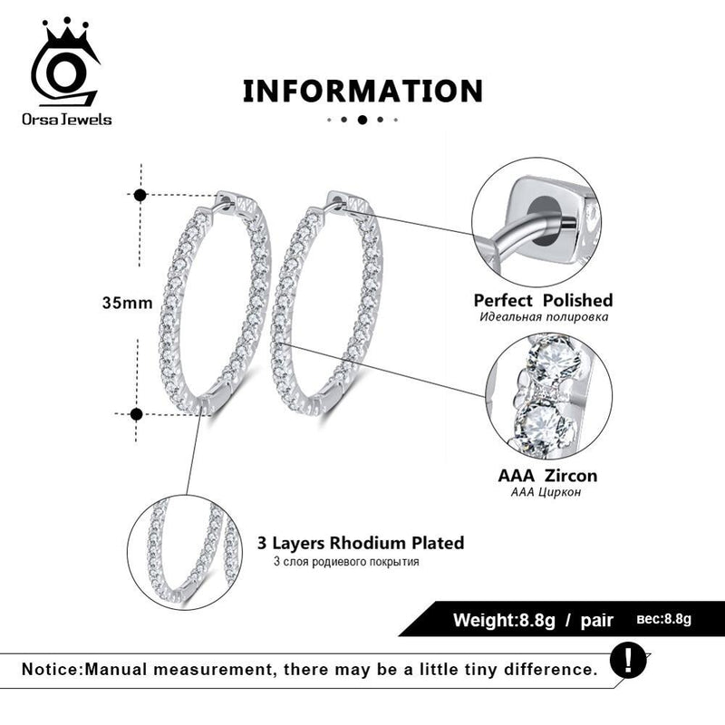 ORSA JEWELS 2019 Silver Color High Polished Hoop Earrings Paved with AAA Austrian Cubic Zirconia for Wedding Party Jewelry OE137