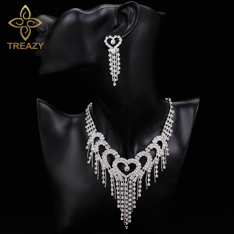 TREAZY Luxury Silver Color Crystal Choker Necklace Earrings Jewelry Set for Women Heart Tassels Bridal Wedding Jewelry Sets