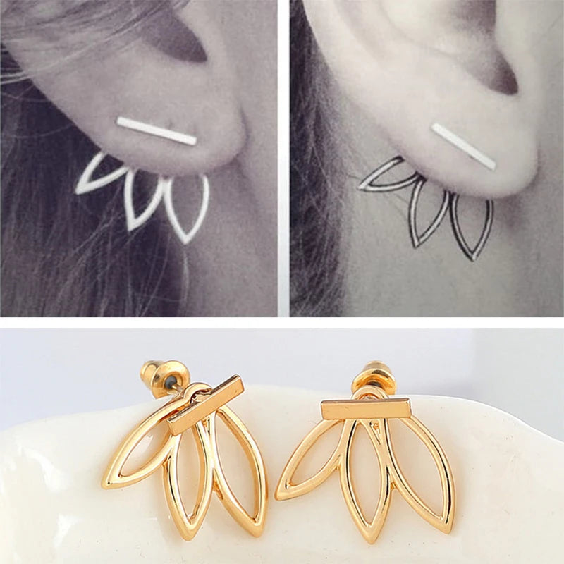 Women Stainless Steel Earring Simple Gold/Silver color Hollow Glossy Geometric shape Charm Double Sieded Stud Earrings Jewelry